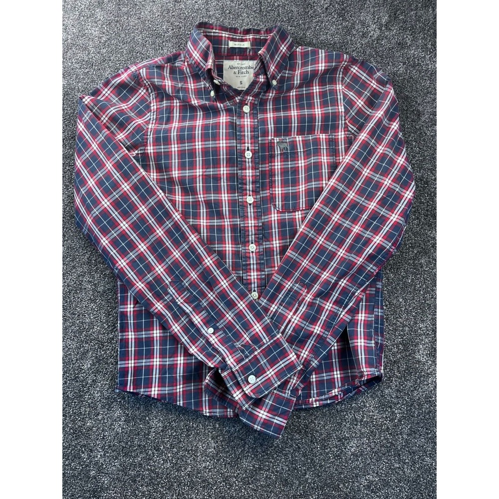 Abercrombie & Fitch Mens Muscle Fit Plaid Button-Up Shirt Size S Red/Blue Cotton
